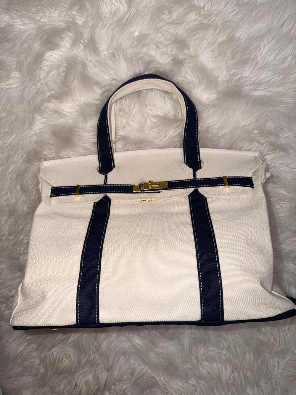 Designer Inspired Classic Canvas Tote Bag with Navy Trim - Unbranded